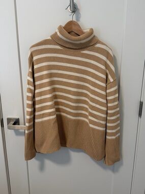 GAP Camel and White Striped Turtleneck Sweater